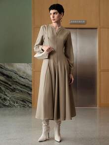 Uhlyne - 女士优雅优质亚麻长袖圆领连衣裙，拉链腰部设计，秋季商务休闲装 - 卡其色 - 查看 5