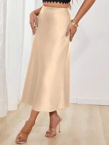 Women's Solid Color Mermaid Style Long Skirt, Satin Material, Elegant A-Line Skirt, Suitable For Parties And Daily Wear - Champagne - View 5