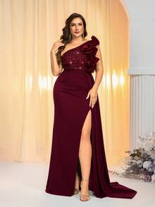 Glamrae Plus Size Beaded Patchwork Knit Fabric, Ruffle Hem, Sequin Decor, Green Asymmetric Shoulder Formal Evening Gown (Heavy Embellished) - Burgundy - View 7