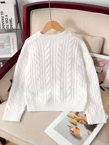SHEIN Suéter casual de niña preadolescente con contraste de color, decoración de lazo y tejido acanalado, cómodo y lindo, adecuado para uso diario - Blanco - Ver 2