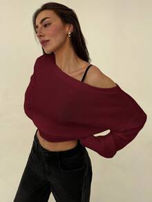 Aloruh Áo len dệt kim dáng rộng bất đối xứng họa tiết hoa 3D màu be, lãng mạn cho những buổi đi chơi mùa thu/đông - Màu Đỏ Sâu - Xem 4