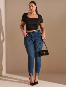 SHEIN BAE Plus Ripped Raw Edge Skinny Jeans, Fall Women Clothes