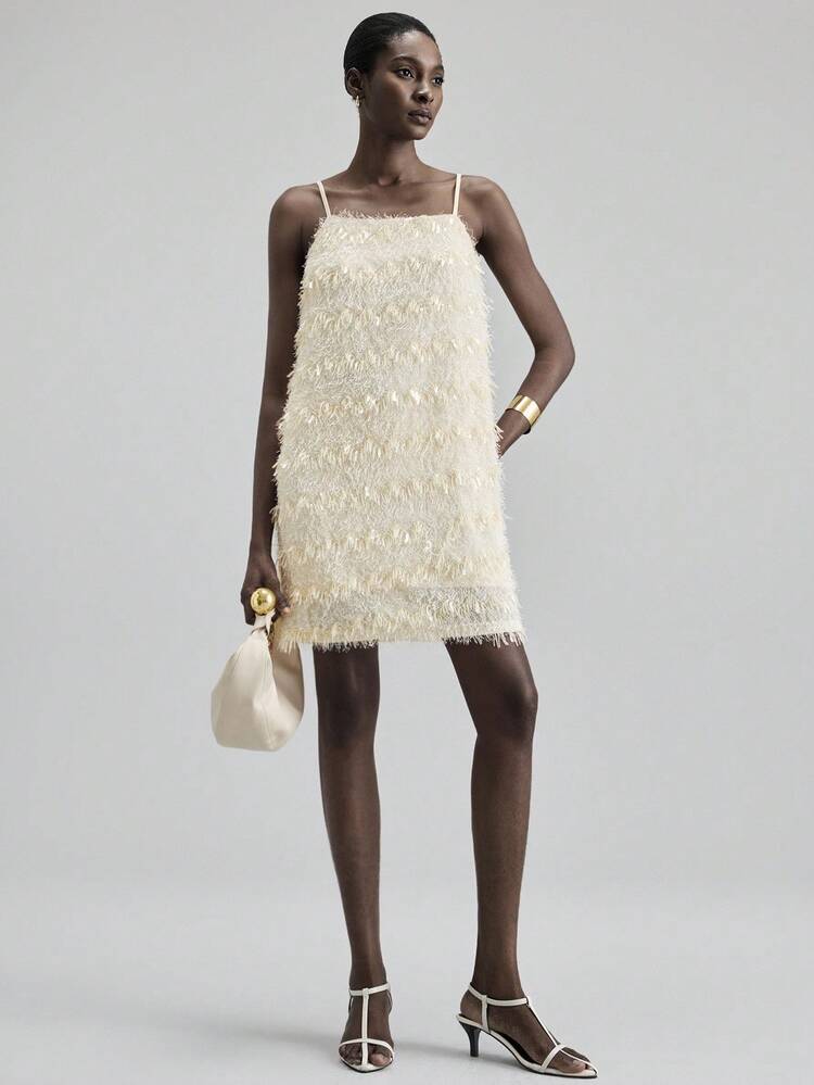 2025 Fluffy Sequin Mini Dress, Suitable For 5-15°C, Elegant For Daily Gatherings, Afternoon Tea, Apricot Color Commuter, Everyday Wear, Autumn, Versatile