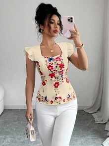 Elenzga 女式花卉印花休闲衬衫，鸡心领口，飘袖 - 杏色 - 查看 3