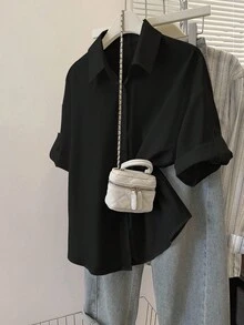 INAWLY 女式纯色前扣休闲百搭短袖衬衫