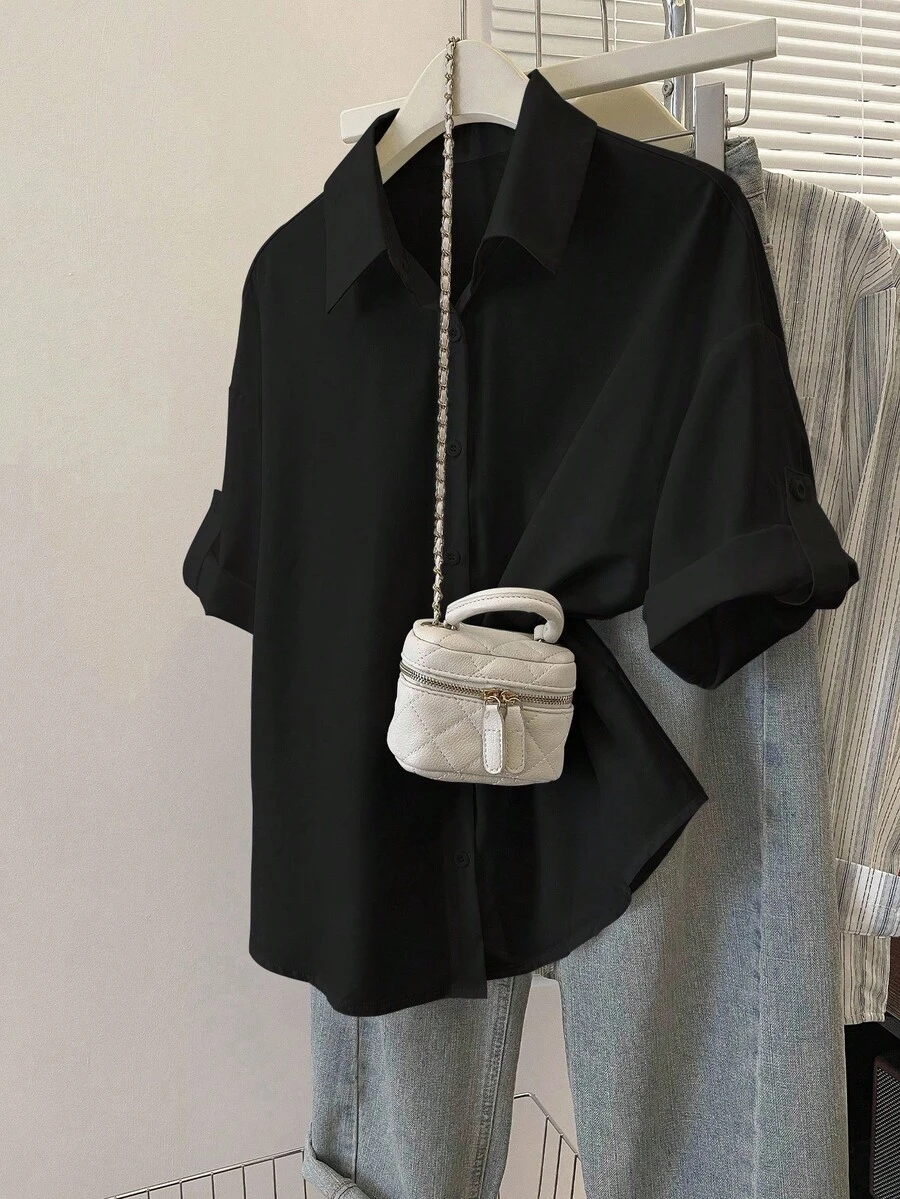 INAWLY 女式纯色前扣休闲百搭短袖衬衫