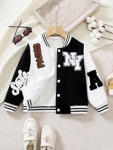 SHEIN Toddler Boys' Contrast Color Embroidered Bear English Graphic Baseball Jacket Fall Winter - Black - View 7