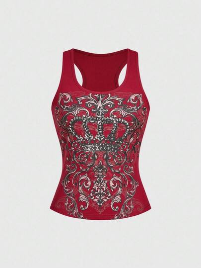 ROMWE Avant ملابس علوية خزان للنساء مطبوع بتصميم تاج مرصع بالراين لعام 2000