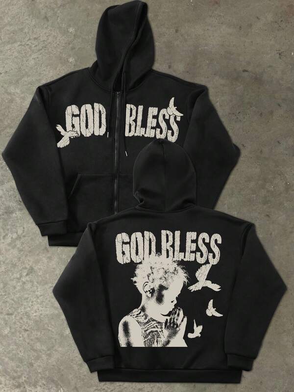 Manfinity EMRG Manfinity Streetrush Men's Zip-Up Hoodie Sweatshirt, Black, Vintage American Style, "God Bless" Slogan & Praying Hand Print, Retro Streetwear, Suitable For Spring, Autumn And Winter, Versatile God Bless Black Graphic Hoodie, God Hoodies, Religious Hoodies, Christian Clothes God, Long Sleeve Top