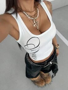 StreetHx Women's Black Versatile Commuter U-Neck Silver English Letter Print Streetwear Slim Fit Camisole Tank Top, Suitable For Spring/Summer - White - View 7