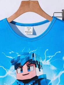 SHEIN 2 piezas Conjunto de pijama de manga larga holgada con cuello redondo y estampado cómodo para niños/preadolescentes, ropa de dormir de punto - Multicolor - Ver 4