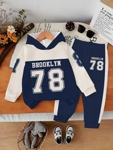1 Bộ đồ hoodie thể thao phong cách trẻ em trai, Bộ hoodie và quần nỉ họa tiết chữ và số "BROOKLYN 78", Thích hợp cho các hoạt động thể thao hàng ngày, trang phục thường ngày và đi học, Thu/Đông - Nhiều màu - Xem 3