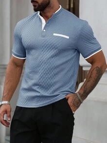 Manfinity Homme 男士休闲纹理撞色边短袖 Polo 衫，夏季男士浅蓝色上衣男士休闲上衣男士纹理上衣男士夏季衬衫浅蓝色衬衫男士，Old Money 风格 - 孔雀藍 - 查看 4