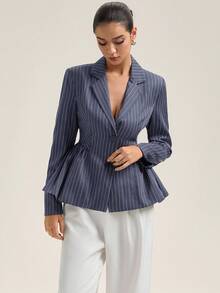 Revavyn Blazer de mujer con bajo con volante y solapa entallada, de manga larga a rayas - Gris - Ver 1