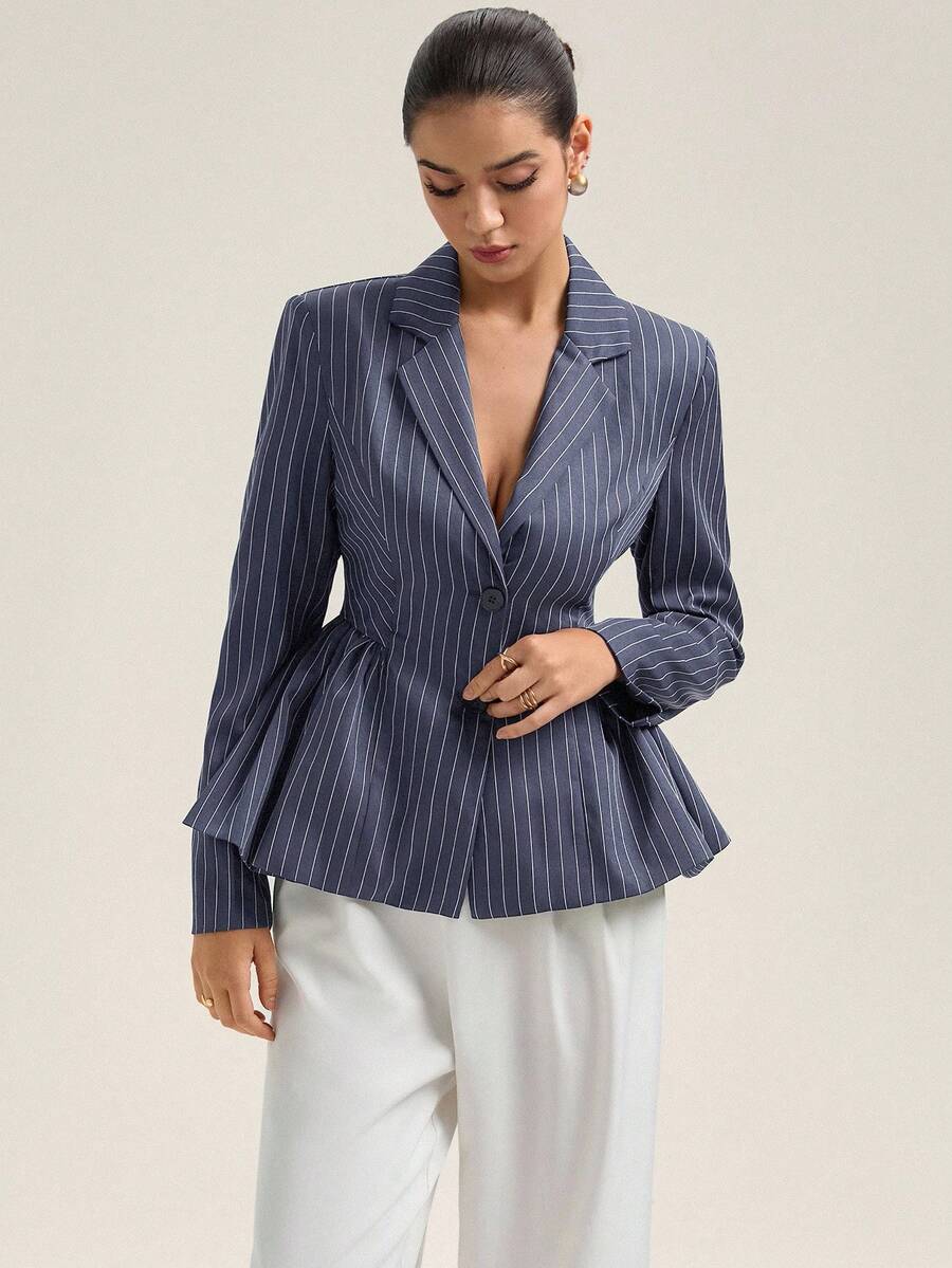 Revavyn Blazer de mujer con bajo con volante y solapa entallada, de manga larga a rayas - Gris - Ver 1