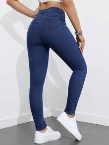 SHEIN ICON 大码女式街头休闲弹力舒适深蓝色牛仔紧身裤 - 深色水洗藍 - 查看 2