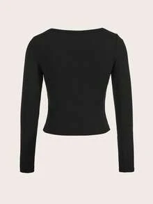 SHEIN EZwear Plus Size Women Basic Round Neck Black Tight Fit Long Sleeve T-Shirt, Casual, Summer Autumn And Winter