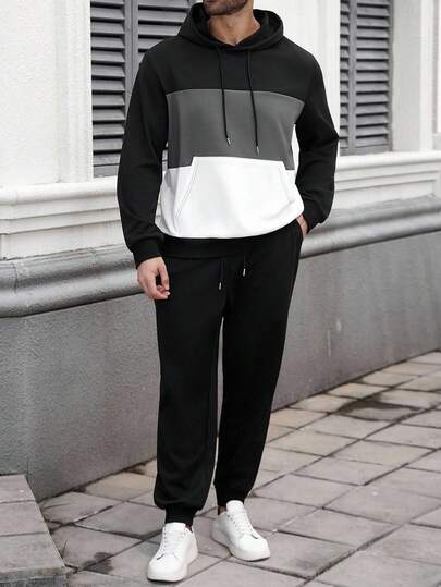 Manfinity Homme Plus Size Men's Casual Hooded Sweatsuit, Knit Hoodie And Drawstring Waist Knit Sweatpants, Sportswear Set, Loose Fit, Classic Color Block Asymmetrical Golden Ratio Design, Stylish Casual, Suitable For Outdoor Sports, Campus, Workout, Daily Wear, Holiday Gift, Fall Clothes