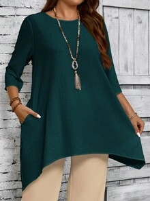 EMERY ROSE Áo sơ mi trắng thường ngày cổ tròn tay 3/4 cỡ lớn dành cho nữ, viền bất đối xứng, quần áo nữ mùa xuân và mùa thu - Màu xanh lá cây đậm - Xem 3