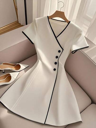 INAWLY Elegant & Fashionable Color Block V-Neck Cinching Waist A-Line Short Dress For Women