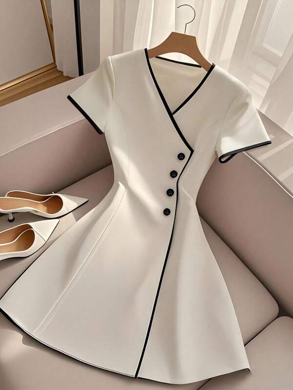 INAWLY Elegant & Fashionable Color Block V-Neck Cinching Waist A-Line Short Dress For Women