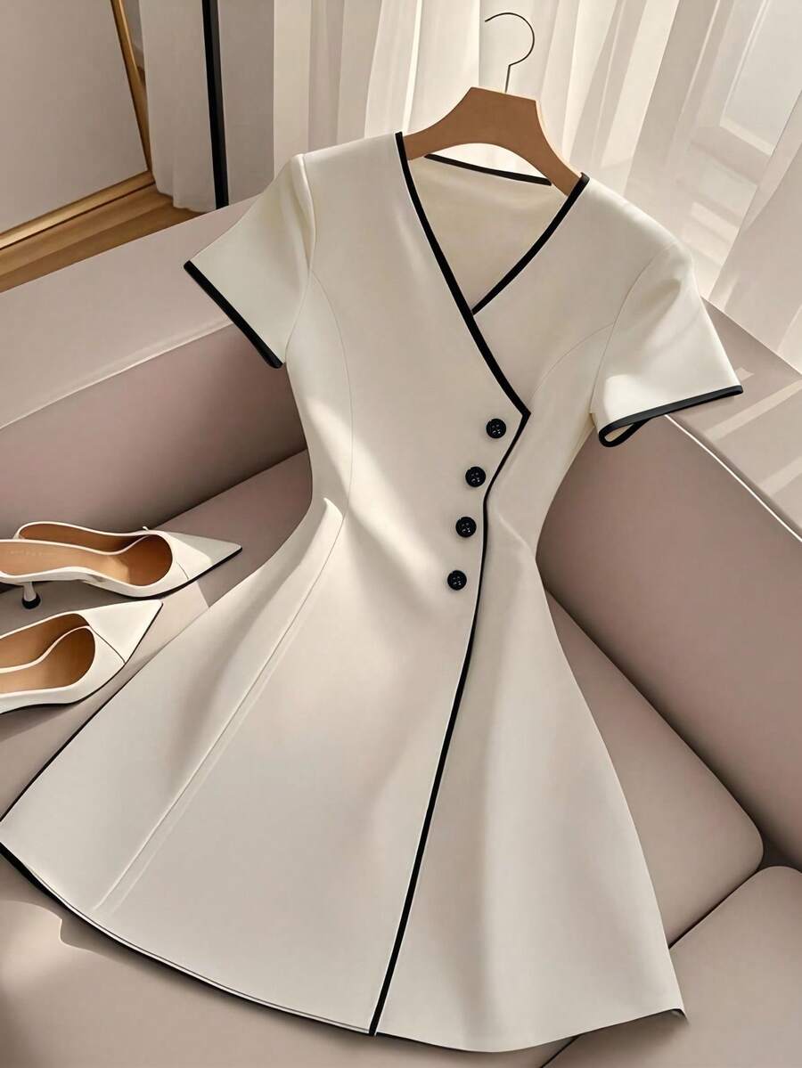 INAWLY 优雅时尚拼色V领收腰A字短款连衣裙 - 米色 - 查看 1