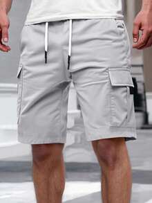 Manfinity Homme Men's Solid Color Elastic Waist Drawstring Pocket Cargo Shorts - Light Grey - View 6