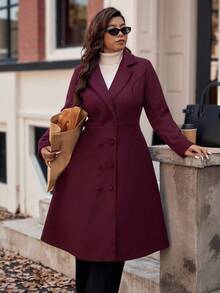 Vionelle Christmas Plus Size 1 Piece Woven Lapel Collar Solid Color Slimming Retro Elegant Long Flared Sleeve Women Overcoat Jacket Winter Autumn Fall - Burgundy - View 6