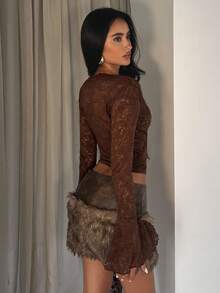 Glamine Áo cánh ren khoét sâu tay loe cổ chữ V gợi cảm màu trắng cho nữ - màu nâu - Xem 2