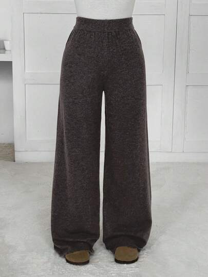 SHEIN EZwear New Autumn Clothes Women's Solid Color Elastic Waist Wide Leg Loose Casual Knit Pants, Autumn Loose Pants