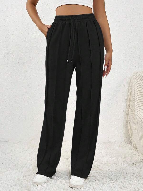 SHEIN PETITE Pantalones de chándal casuales deportivos de pierna recta con cintura con cordón, bolsillos inclinados, costuras expuestas y patchwork rasgado en gris, para mujeres petite