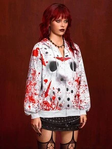 Friday the 13th X ROMWE Sudadera con capucha con cremallera y cordón, con máscara de película de terror y estampado de letras para mujer, para primavera/otoño - Multicolor - Ver 6