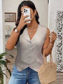 SHEIN CURVE+ 加大码 V 领条纹前扣无袖西装外套无袖衬衫灰色条纹上衣纽扣上衣女式上衣灰色衬衫女式 - 彩色 - 查看 5