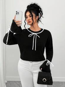 Elenzga Suéter de cuello redondo de manga larga con lazo y bloque de color para tallas grandes - Blanco y Negro - Ver 4