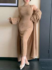 DAZY 2pcs/Set Women's Elegant Brown Sweater Set, Autumn/Winter Lounge Sets For Women - Coffee Brown - View 5