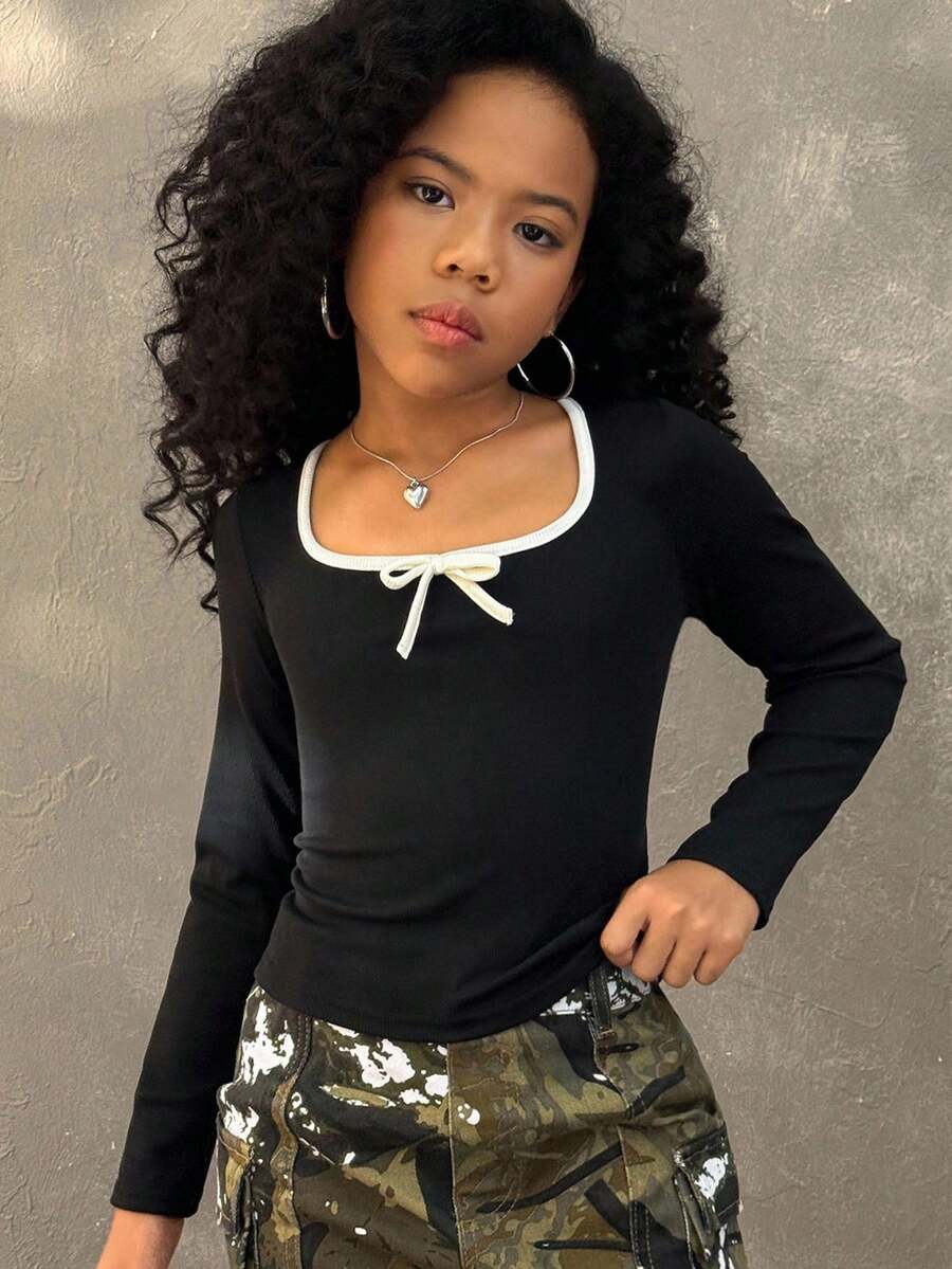 Coolane Kids 少女芭蕾舞风格蝴蝶结修身T恤，简约时尚休闲日常款，适合秋冬季、万圣节、圣诞节、派对、生日等场合，可爱又时髦，Y2K风格 - 黑色 - 查看 1