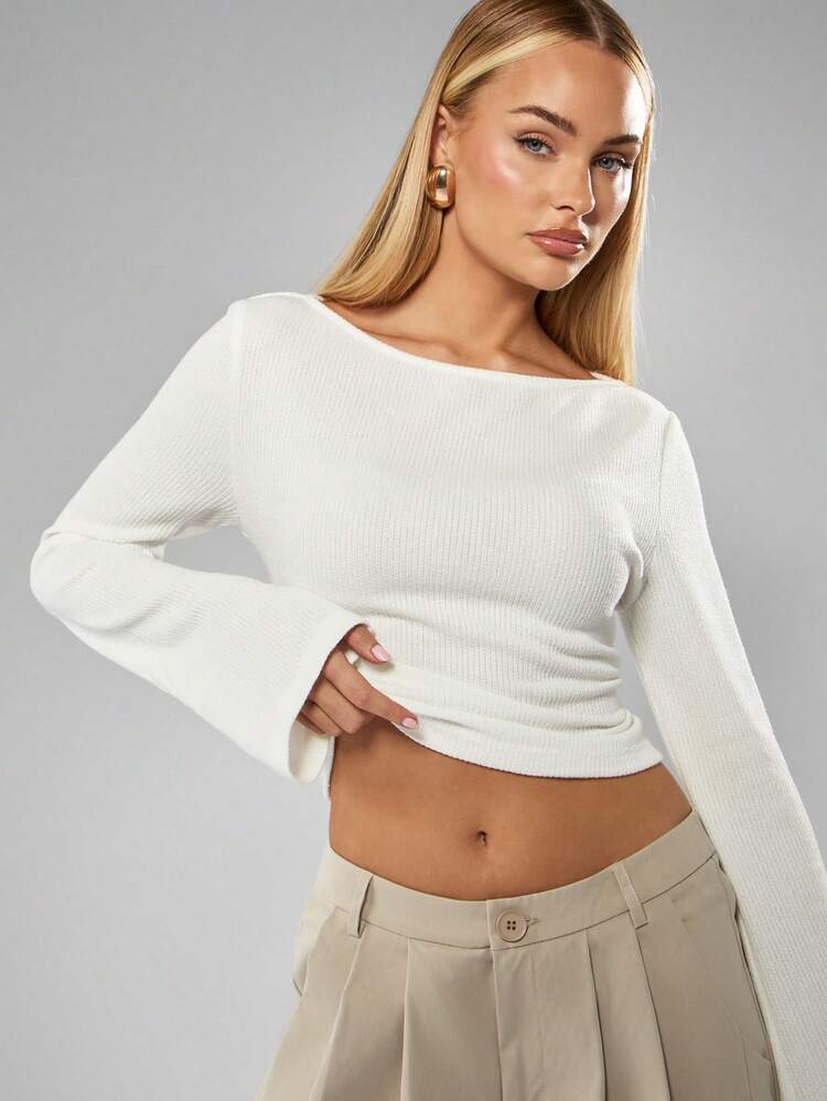 MISSGUIDED Ribbed Knit Long Sleeve Top Fitted Crew Neck Pullover Sweater Fall Winter Casual