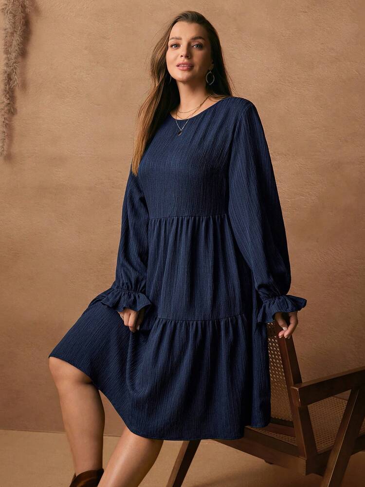 Vestido holgado de mujer talla grande con mangas con volantes de tela texturizada de unicolor simple para uso diario casual, ropa de primavera/otoño, ropa de invierno para mujer, vestido casual para mujer, ropa de invierno talla grande elegante casual