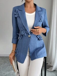 Elenzga Women's Elegant 3D Floral Decor Lapel Neck3/4 Sleeve Jacket, Autumn - Blue - View 7