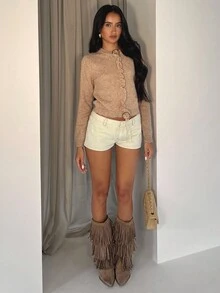 Glamine 女士休闲纯色荷叶边毛衣，秋季 - 卡其色 - 查看 3