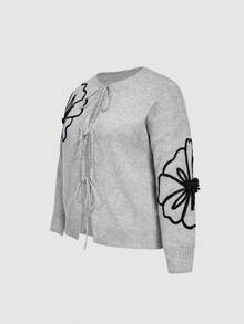 SHEIN MOD Plus Size Casual 3D Floral Lace-Up Knitted Cardigan, Autumn/Winter,Floral Embroidered,Elegant Casual Women Cardigans 3D Floral Contrast Color Cardigan Sweater, For Winter Fall,Winter Clothes For Women,Christmas  ,New Year