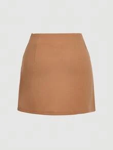 SHEIN MOD 秋冬优雅纯色百褶腰夹克和裙套装 - 摩卡棕 - 查看 7