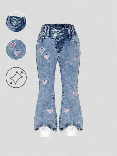 SHEIN ChillGRL Young Girls Fashionable Slim Fit Flare Leg Jeans With Heart Embroidery, Casual & Versatile, School, Campus, College