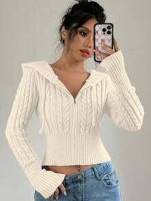 Flirla 女式秋季麻花图案长袖拉链休闲连帽开衫 - 杏色 - 查看 5