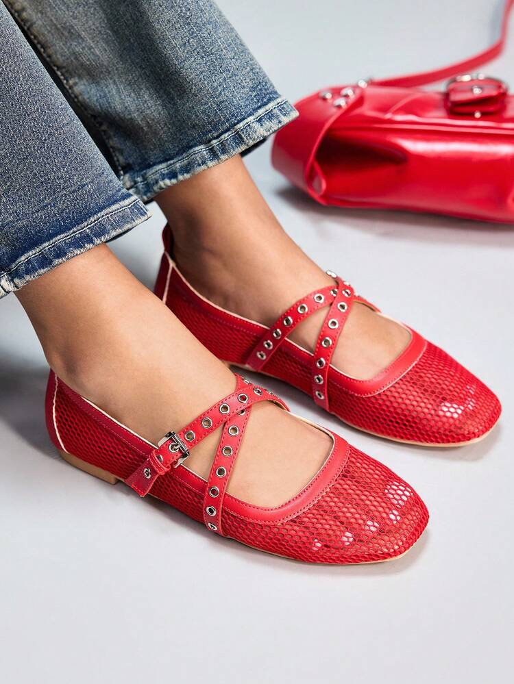 CUCCOO GRLICON Zapatos planos de mujer de malla negra transpirable con decoración metálica, zapatos rojos adecuados para ir al trabajo, reuniones, compras y vacaciones