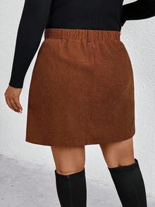 SHEIN Tall CURVE Váy chữ A nhung kẻ thanh lịch, giản dị, có túi, dành cho nữ cỡ lớn - Cà phê nâu - Xem 2