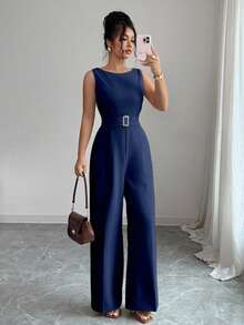 Selianne French Romantic One-Shoulder Sleeveless High Waist Belt Smooth Fabric Metal Buckle Decoration Wide Leg Straight Women Jumpsuit Women Summer Clothing Women Office Clothing Outing Clothing - Navy Blue - View 3