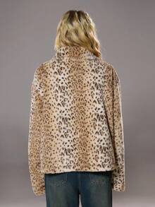 TRNVIE 1pc Brown Fuzzy Leopard Print Lapel Collar Relaxed Fit Lined Jacket, Suitable For Office, Commuting, Casual Wear In Autumn/Winter