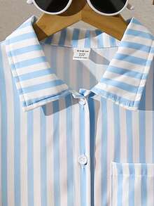 青少年女孩休闲条纹衬衫和裤子 T 恤套装，适合度假、郊游、学校、风格 - 彩色 - 查看 3