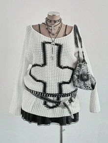 Sunspun Damen lässiger, weiter Pullover mit Taschen, Langarm, ausgeschnitten, Große Größen - Weiss - Übersicht 3